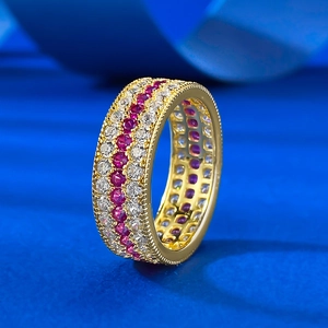 S925 sterling silver gold ring with three rows of pink and white gems in retro brushed style