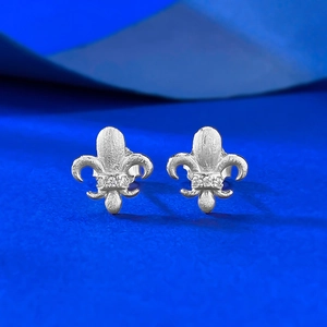 Brushed S925 sterling silver fleur-de-lis stud earrings with tiny pavé zircon stones