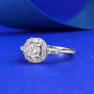 Elegant S925 silver square cluster ring with round zircon and baguette cut stones