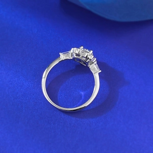 Elegant S925 silver ring featuring a cluster of round zircons and baguette-cut side stones