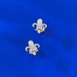S925 sterling silver fleur-de-lis stud earrings with brushed finish and inlaid stones