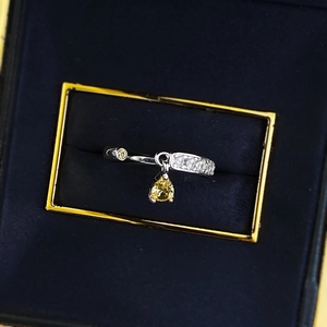 Minimalist S925 silver open ring with pear cut yellow diamond drop in a premium box