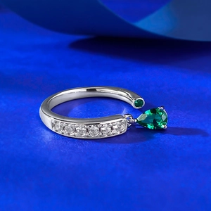 Minimalist S925 silver open ring with pear cut green gemstone and pave zircon accents