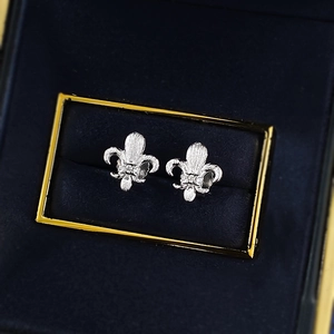 Macro shot of silver fleur-de-lis earrings with brushed texture and zircon inlay