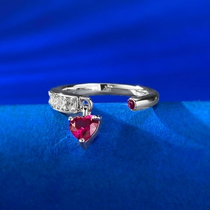 925 Sterling Silver Heart Pendant Adjustable Open Ring Red Rhinestone Inlaid Minimalist Fashion Finger Ring For Women Jewelry
