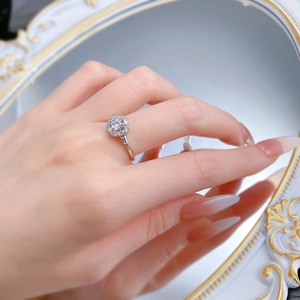 Close-up of S925 silver halo ring with round zircon and baguette stones on hand