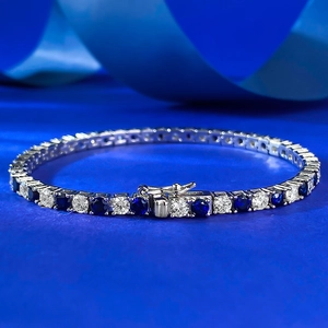Elegant Bracelet de Tennis en Argent Sterling 925 pour Femmes Bleu Royal Blanc Strass Incrusté Bijoux de Mode Mariage Bracelet