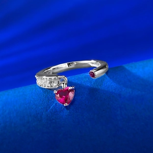 Minimalist S925 silver open ring with red heart gemstone and sparkling white crystals