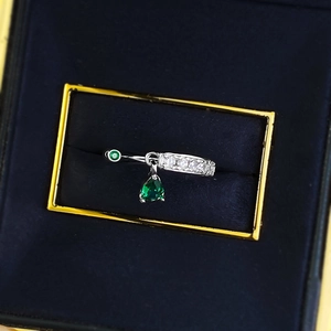 S925 silver open ring with pear-shaped emerald gemstone and pavé accents in gift box