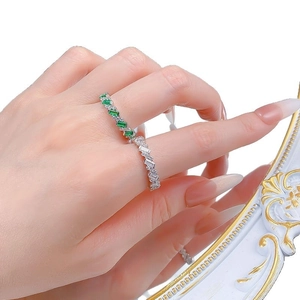 Elegant S925 silver eternity ring with emerald cut green gems and sparkling white zircons