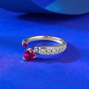 Minimalist S925 silver open ring with dangling red heart stone and pavé zircons