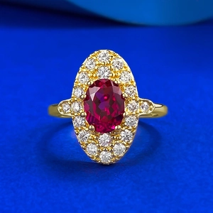 925 Sterling Silver Ring For Women Oval Red Zirconia Retro Court Style Gold Plated Rhinestone Inlaid Luxurious Jewelry