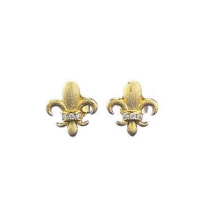 Elegant gold fleur-de-lis stud earrings with brushed texture and zircon stones on white base