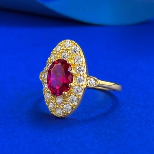 Vintage S925 silver ring with large oval red zircon and sparkling white crystals