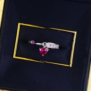 Minimalist S925 silver adjustable ring with heart-shaped red ruby on blue velvet