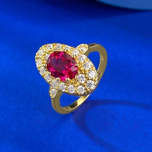 Exquisite S925 sterling silver ring with oval red zircon and palace style accents