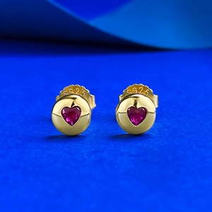 925 Sterling Silver Red Heart Stud Earrings For Women Gold Plated Rhinestone Inlaid Heart Shaped Fine Jewelry Gift
