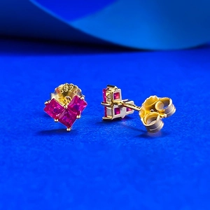 S925 sterling silver heart stud earrings with three square red cubic zirconia stones