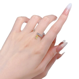 S925 silver adjustable ring featuring a pear-cut yellow diamond droplet pendant
