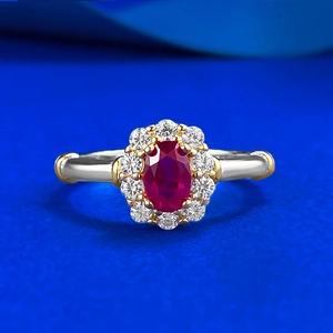 Vintage 925 Sterling Silver Flower Shape Red Rhinestone Oval Ring Two-Tone Luxury Electroplated Finger Ring Jewelry For Women