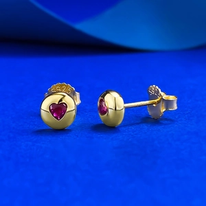 Elegant S925 sterling silver gold heart stud earrings with vibrant red ruby gemstones