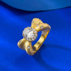 S925 sterling silver bow ring with large oval zircon and brushed gold finish