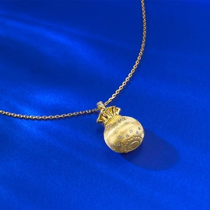 S925 silver lucky money bag pendant necklace with brushed gold finish and sparkling zircons