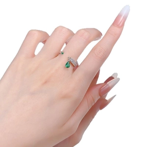Minimalist S925 silver open ring with 4x6mm pear-shaped emerald green zircon pendant