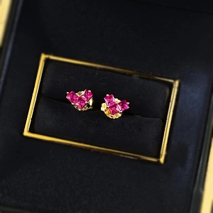 S925 sterling silver heart-shaped stud earrings with square-cut rose pink gems