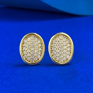 Luxury 925 Sterling Silver Oval Full Rhinestone Stud Earrings For Women Vintage Gold Plated Inlaid Earrings Jewelry Gift