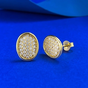Classic gold-plated S925 sterling silver oval stud earrings with full pavé zirconia setting