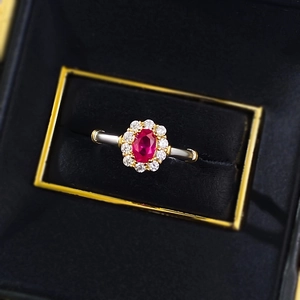 S925 silver retro halo flower ring with oval ruby gemstone in black velvet jewelry box