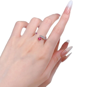 Minimalist S925 silver open ring with round pink stone and dangling heart pendant