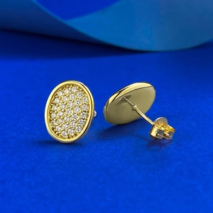 Exquisite S925 silver oval gold-plated stud earrings with pavé set white zircon stones