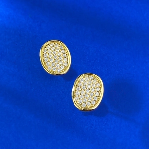Vintage style S925 silver oval stud earrings with full pavé cubic zirconia on gold base