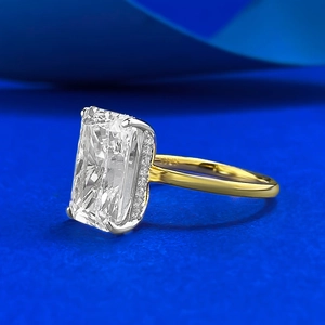 S925 silver rectangle ice flower cut ring with gold band and pave diamond setting