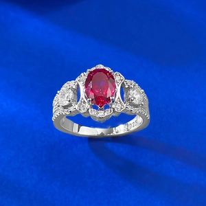 S925 sterling silver ring with oval red gemstone and accent diamonds in vintage style