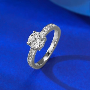Classic 925 sterling silver four-prong 6.5mm round diamond engagement ring with micro-pave
