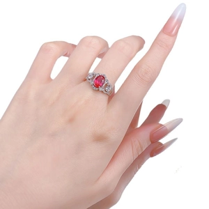 Elegant S925 silver ring featuring a large oval red crystal and white accent stones