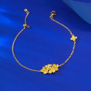 Detail of S925 silver golden flower bracelet with clear zircons on blue background
