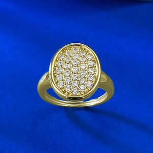 Luxurious gold-plated S925 silver oval ring with micro-pave white crystals on blue base