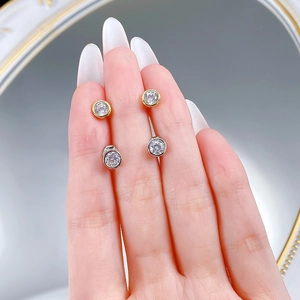 S925 sterling silver round stud earrings with bezel-set cubic zirconia in gold and silver