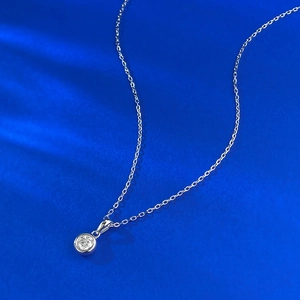 Minimalist S925 silver necklace with a 5mm round solitaire pendant on blue background