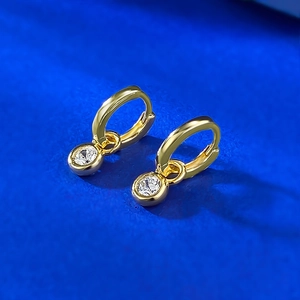 S925 sterling silver gold plated hoop earrings with round cubic zirconia charms