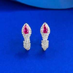 S925 Sterling Silver Pear Cut Red Rhinestone Snake Hoop Earrings Luxury Animal Head Ear Buckle Sparkling Fashion Jewelry For Women