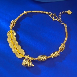 Bracelet en Argent Sterling 925 avec Charme Calebasse et Cinq Pièces de l'Empereur Rétro Nouveau Style Chinois Bracelet en Strass pour Femme