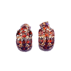 Boucles d'oreilles rétro en argent S925 avec trois rangées de grenats rouges et or rose