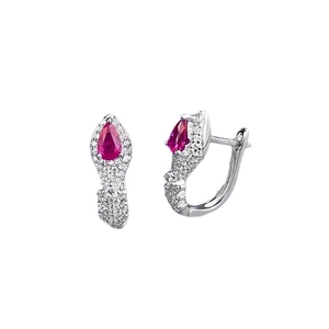 Sparkling S925 silver snake-head hoop earrings with pear-cut red zircon stones