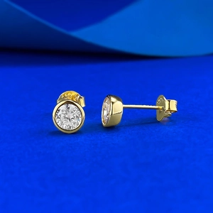 Classic S925 sterling silver gold plated round stud earrings with 5.0mm cubic zirconia