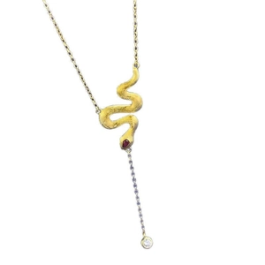 S925 silver snake necklace in gold finish with red drop gemstone and zircon pendant